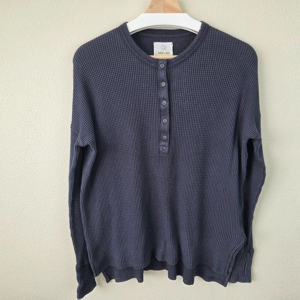 Offline By Aerie Waffle Knit Henley Top Size XS Oversized Thumbholes Lounge Blue